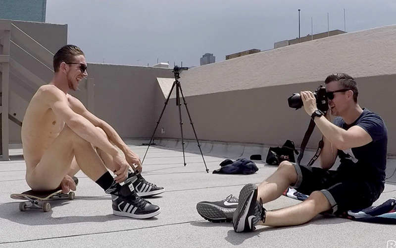 Naked Aussie boy Damien Dyson on the roof in Melbourne showing it all off